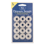 Twelve white thread bobbins in clear plastic packaging, YLI Dream Seam extra-long staple cotton prewound bobbins