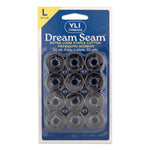 Package of 12 clear plastic bobbins with dark blue thread, YLI Dream Seam cotton, 50 weight 2-ply L-style, 70 yards each