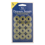 Twelve prewound bobbins of light green thread in clear plastic packaging, Y.L.I. Dream Seam cotton, L-style bobbins