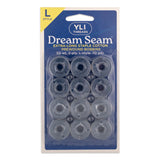 Clear prewound bobbins of Dream Seam cotton thread in L-style plastic cases, packaged in blue and yellow retail blister pack
