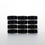 Black thread spools arranged in a 4x3 grid, clear plastic containers with black thread wound inside
