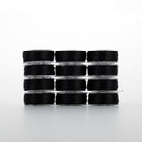 Black thread spools arranged in a 4x3 grid, clear plastic containers with black thread wound inside