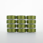 Twelve green thread spools arranged in a 4x3 grid, showing olive green colored thread wound on clear plastic bobbins
