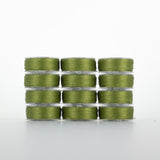 Twelve green thread spools arranged in a 4x3 grid, showing olive green colored thread wound on clear plastic bobbins