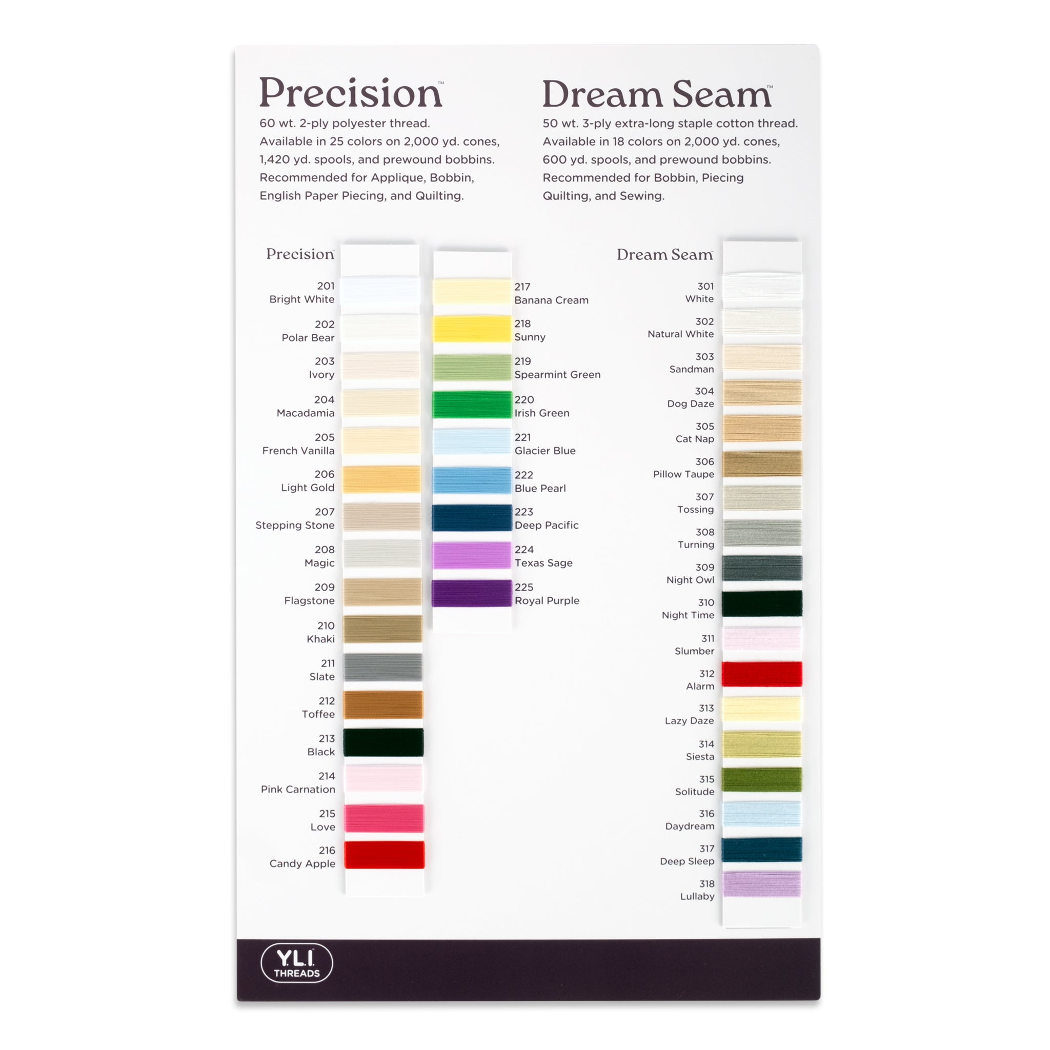Color chart of YLI thread collections with 43 fabric swatches in whites, pastels, brights, and darks with names and numbers