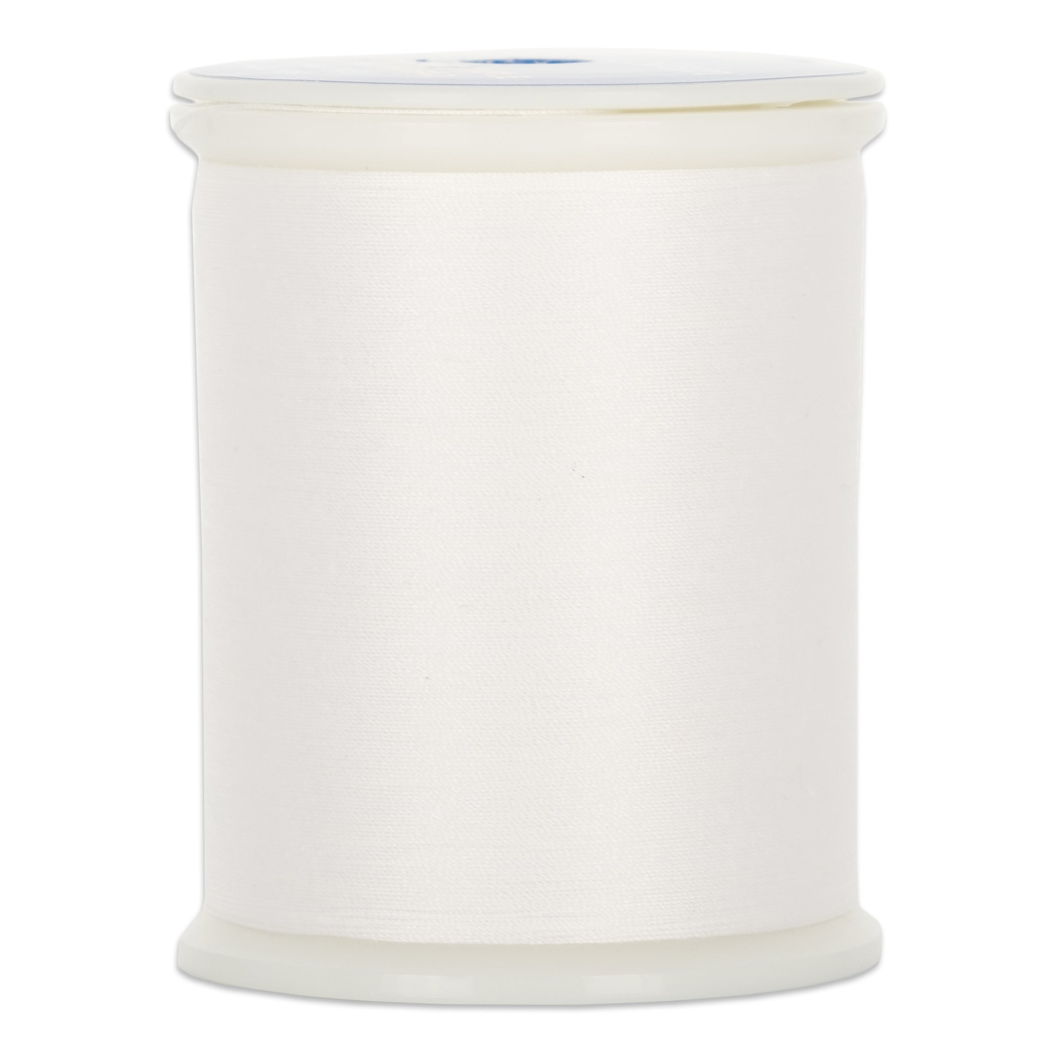 White 50 weight Dream Seam thread on plastic spool with clear plastic ends and blue label on top
