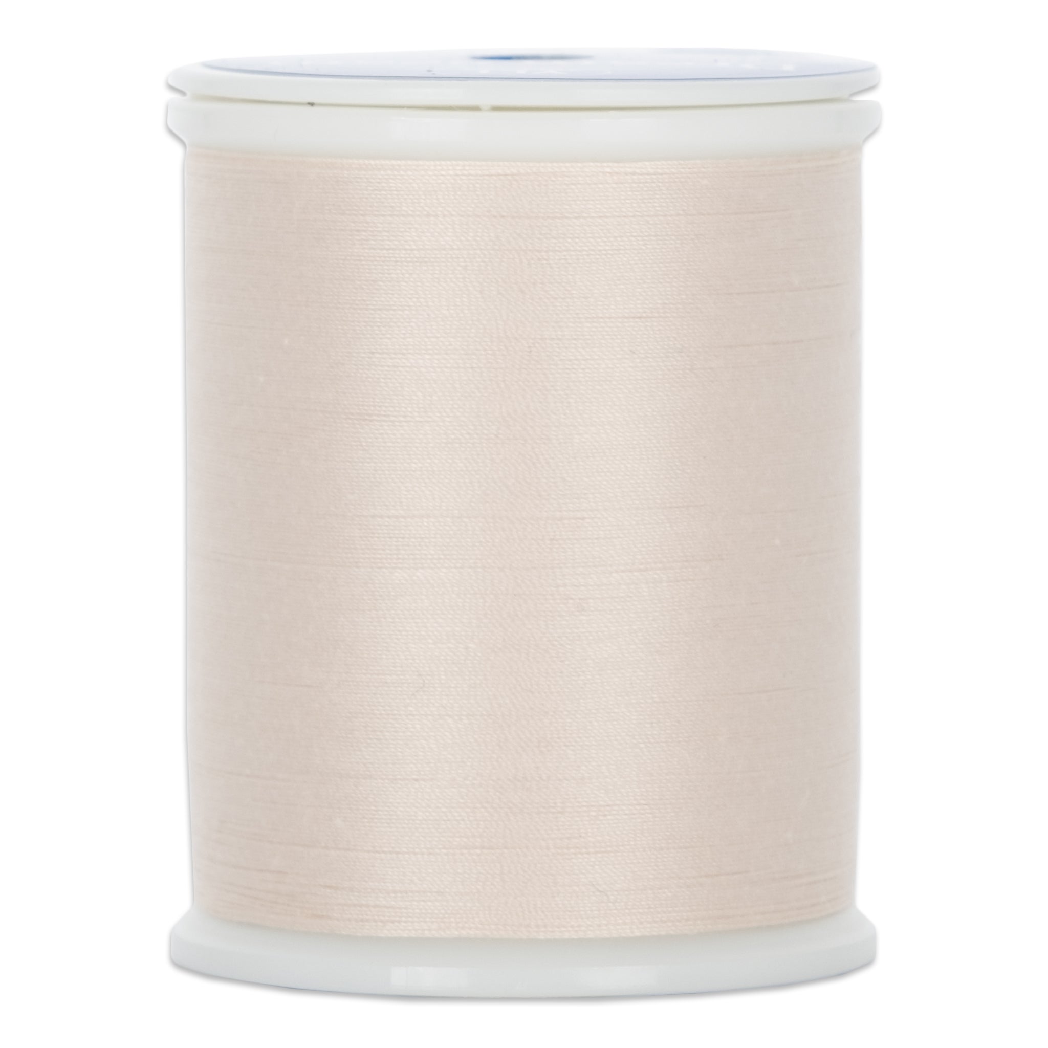Cream colored 50 weight thread wound on white plastic spool with clear plastic top and bottom caps