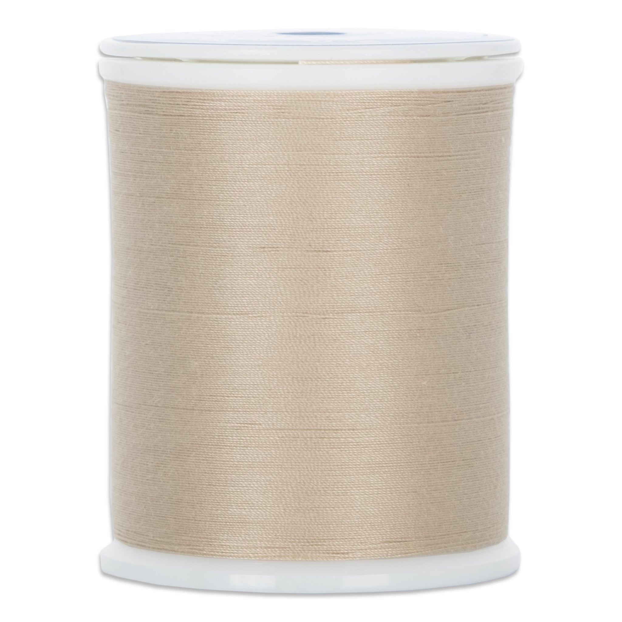Beige thread wound on white plastic spool with clear protective ends