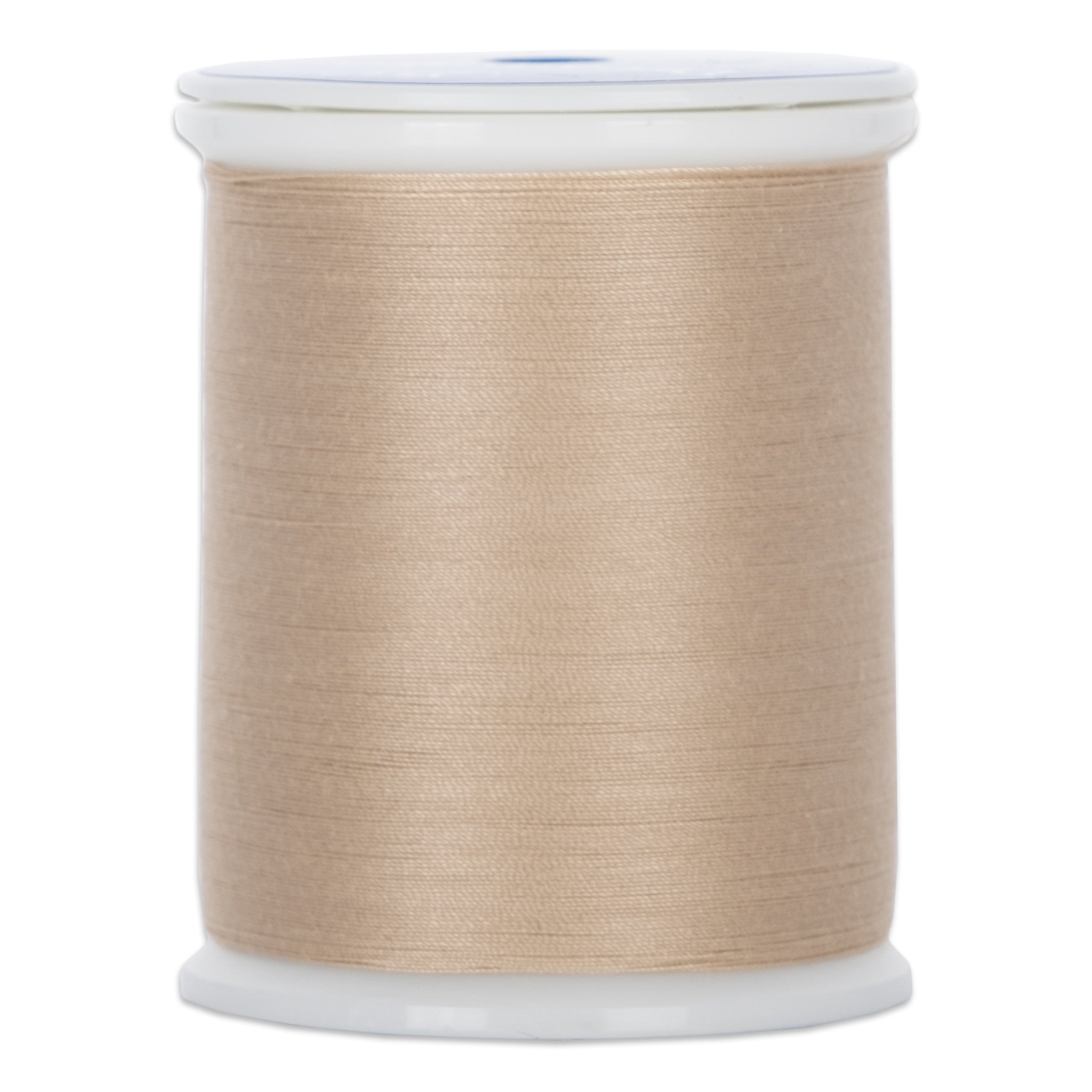 Light tan thread wound on white plastic spool with clear label on top