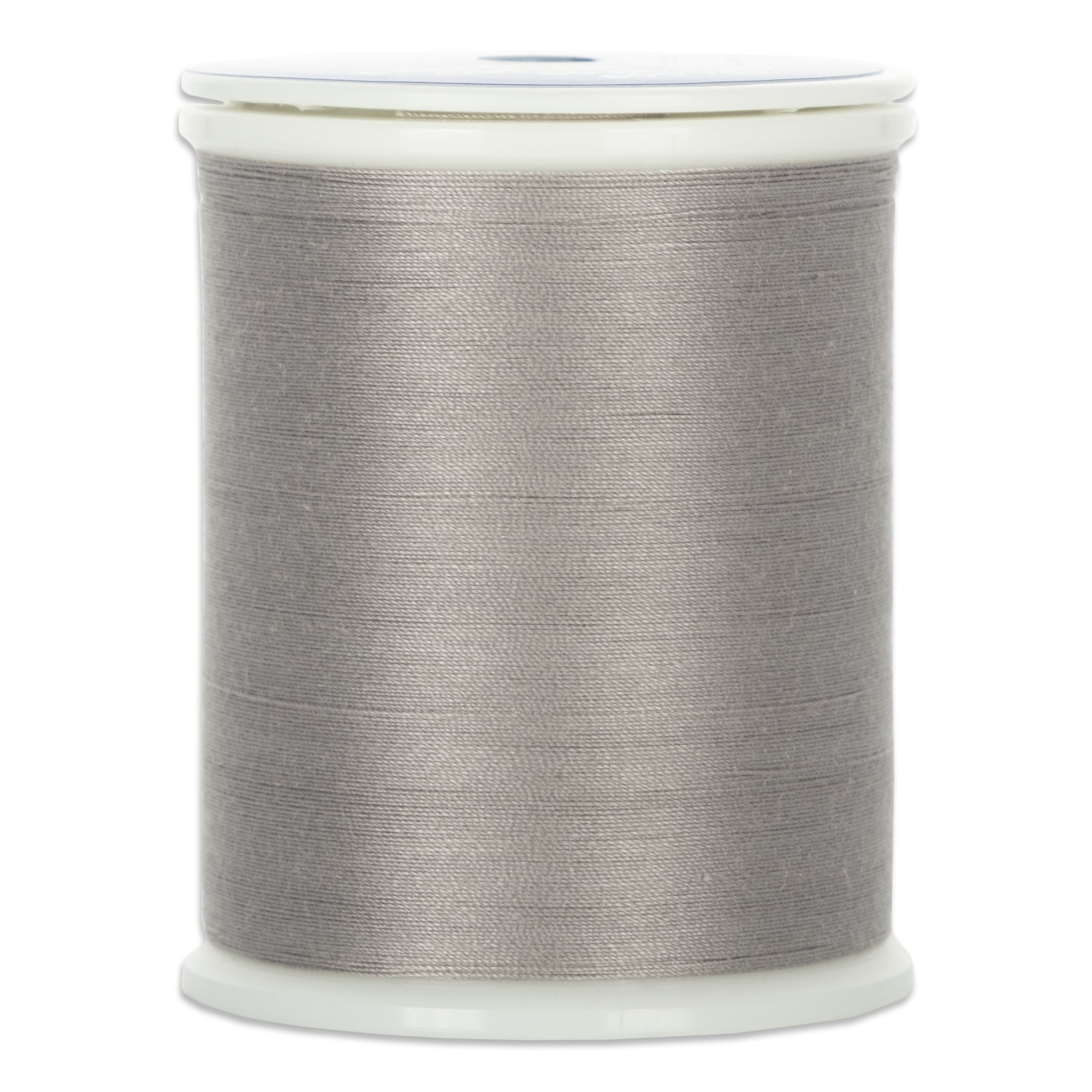 Gray thread wound on white plastic spool with visible thread layers and clean edges