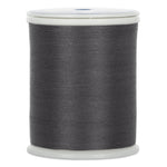 Dark gray 50 wt thread wound on white plastic spool with clear protective top