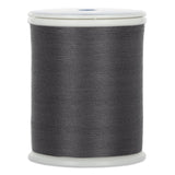 Dark gray 50 wt thread wound on white plastic spool with clear protective top