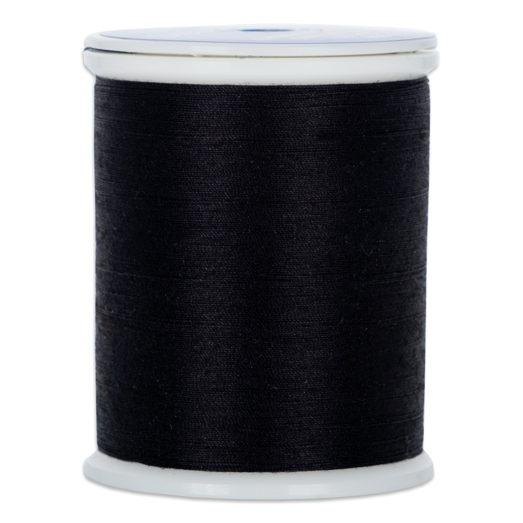 Black 50 wt thread wound on white plastic spool with clear top lid