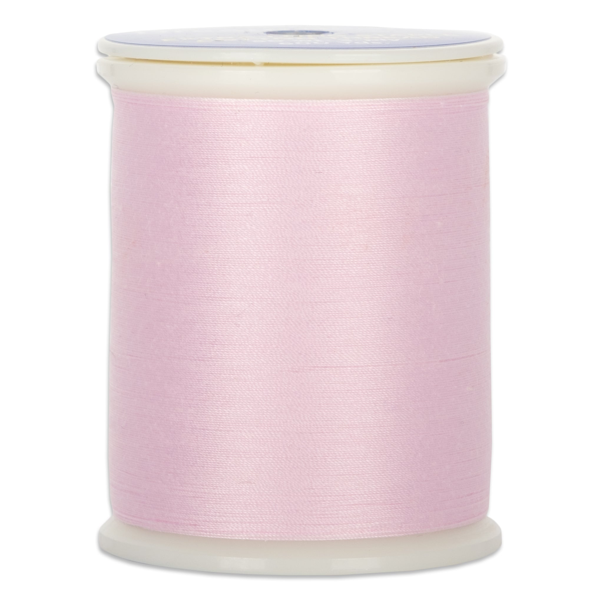 Light pink 50 wt. thread on white plastic spool with clear top and bottom caps