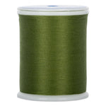 Olive green 50 weight thread wound on white plastic spool with clear plastic top