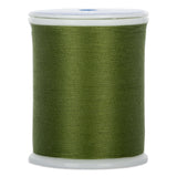 Olive green 50 weight thread wound on white plastic spool with clear plastic top
