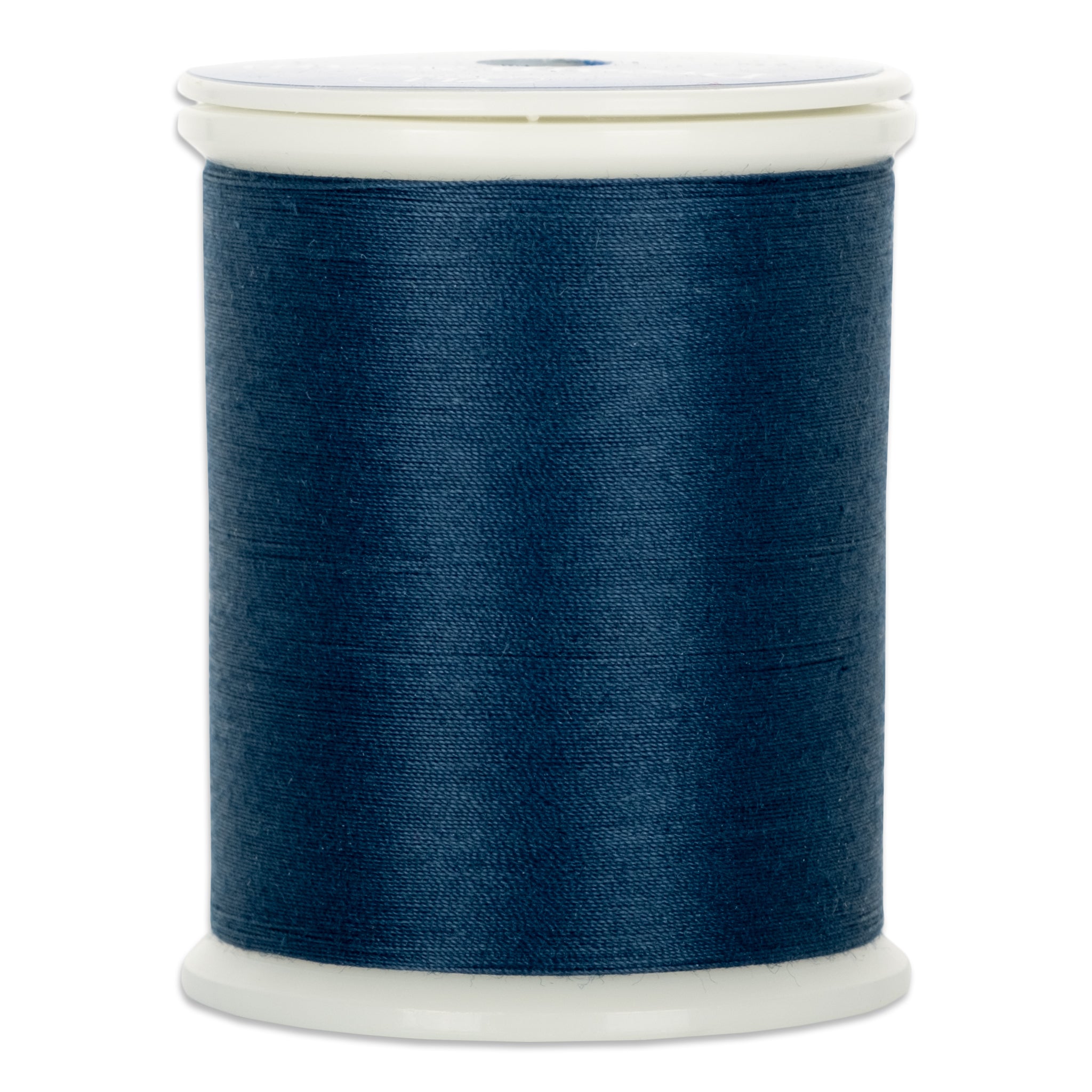 Dark blue thread on white plastic spool with clear top, wound evenly around the core