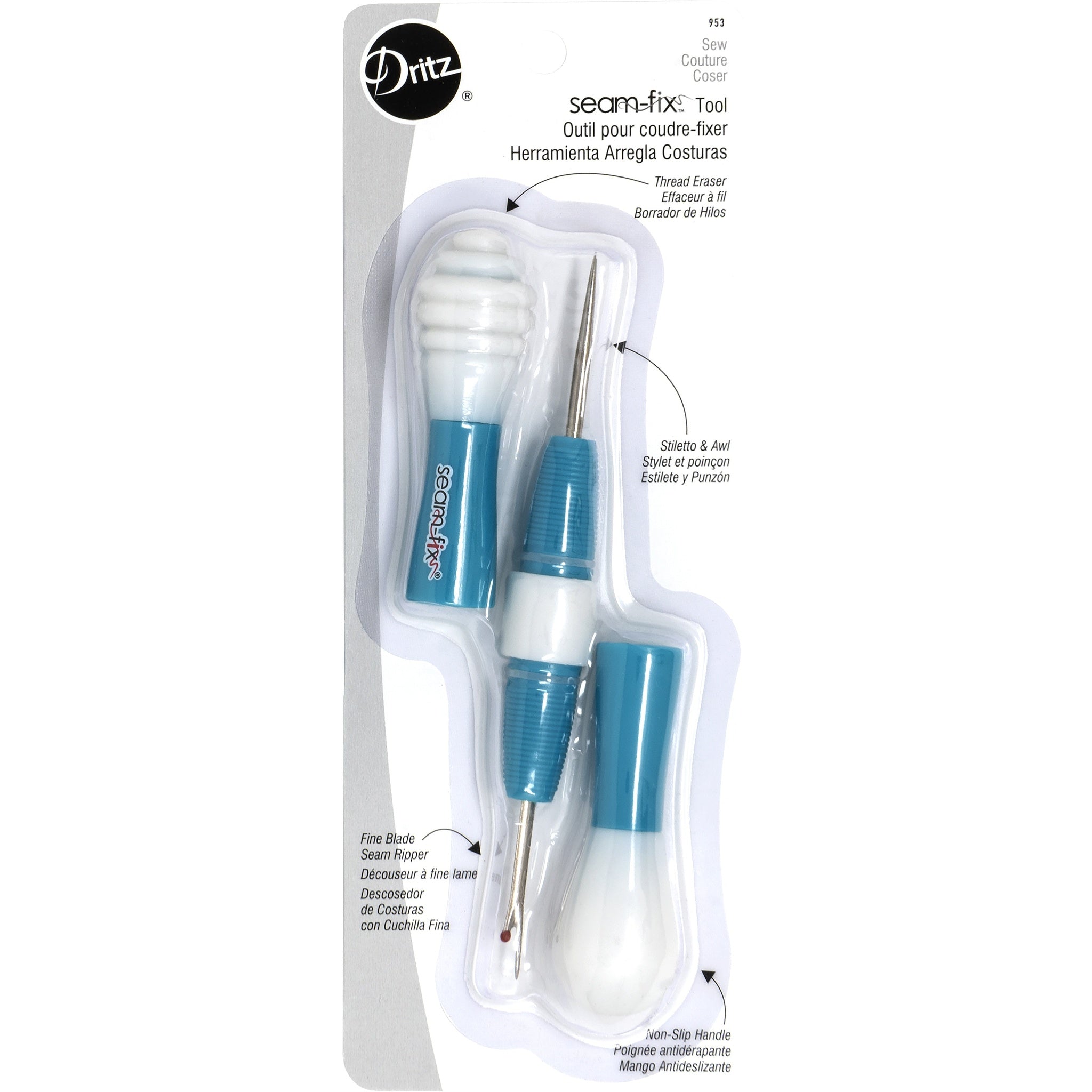 Dritz seam-fix tool set with blue and white handles including thread eraser, stiletto, awl, and fine blade seam ripper in clear plastic packaging.