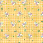 Yellow gridded background with bunches of white and purple flower