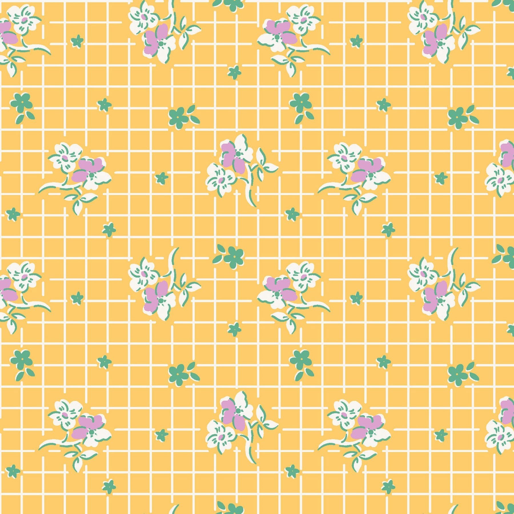 Yellow gridded background with bunches of white and purple flower