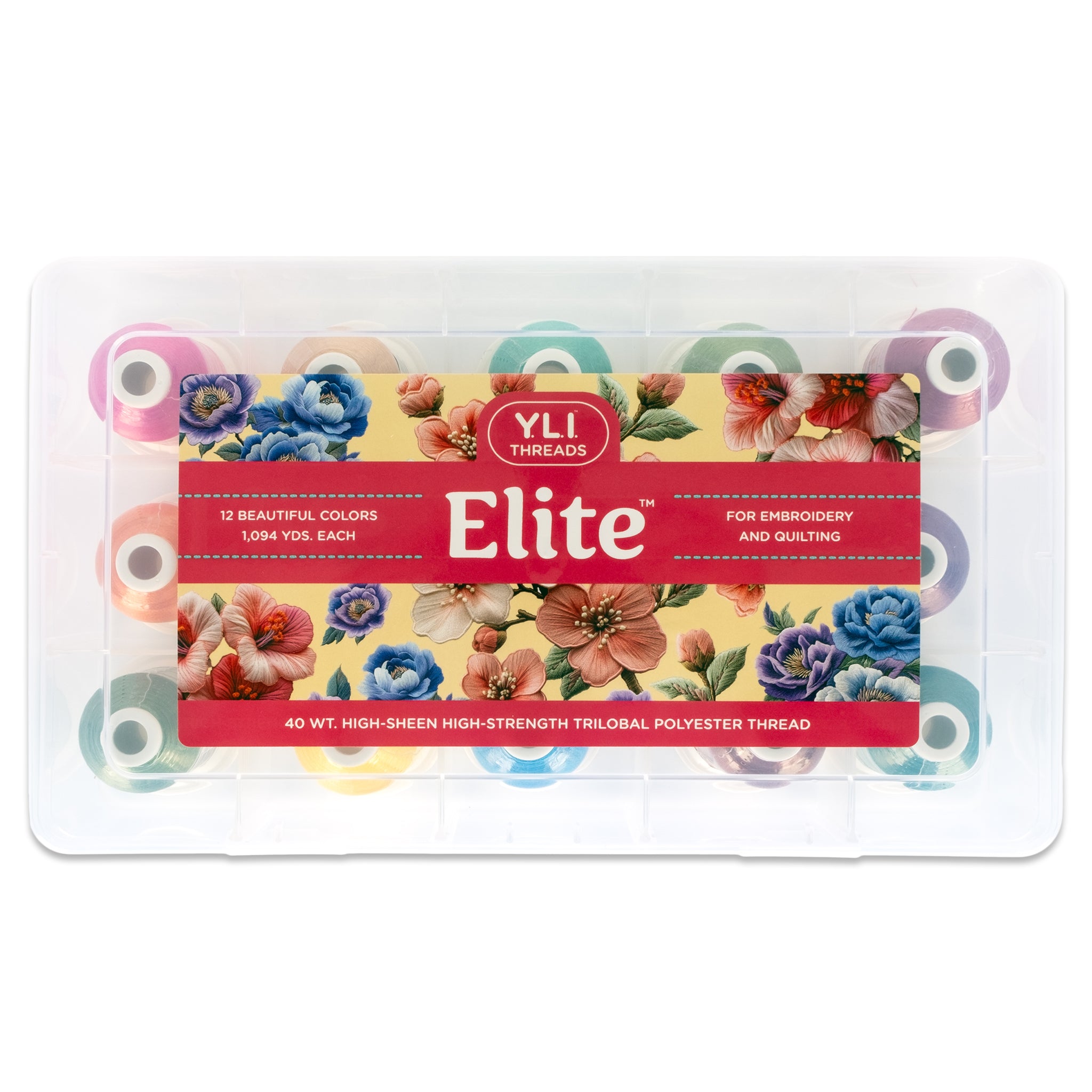 YLI Elite embroidery thread pack with floral design on a white background
