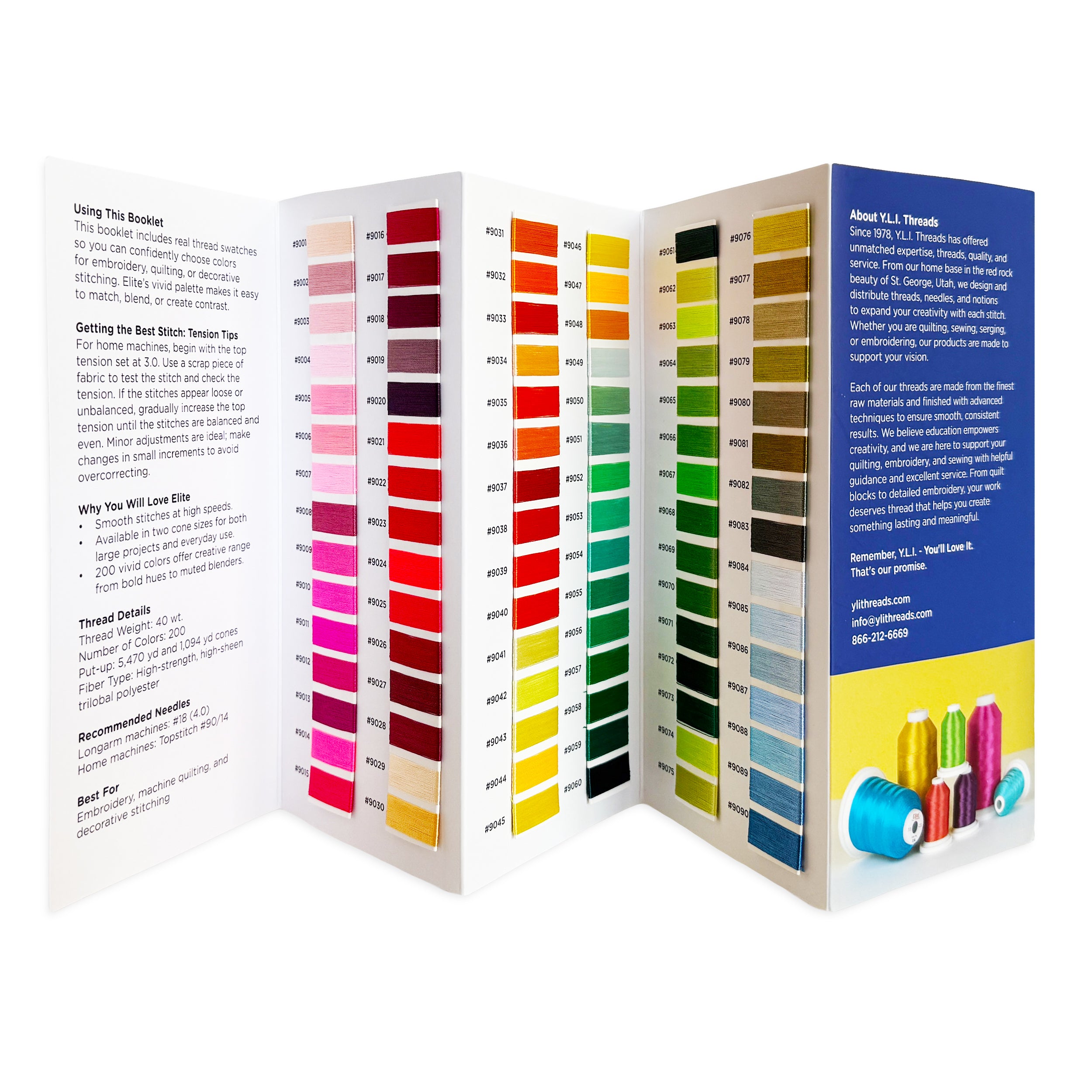YLI Threads Elite Thread Color Booklet containing real thread swatches of 200 colors back