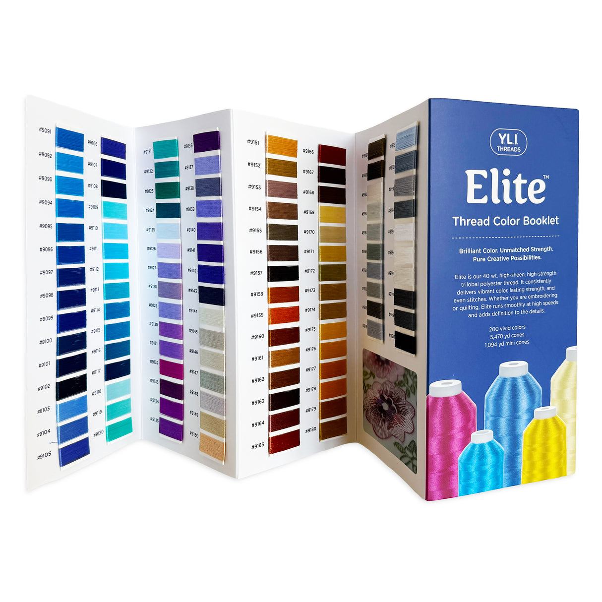 YLI Threads Elite Thread Color Booklet containing real thread swatches of 200 colors front