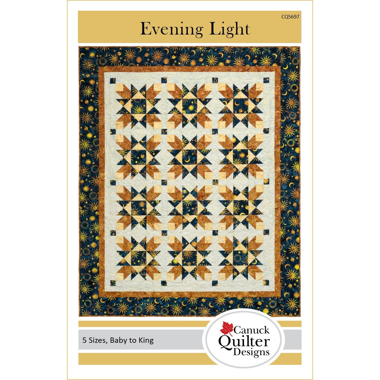 A quilt pattern featuring autumn leaf blocks in orange and cream with navy blue star accents, surrounded by a celestial-themed border with gold stars and moons.