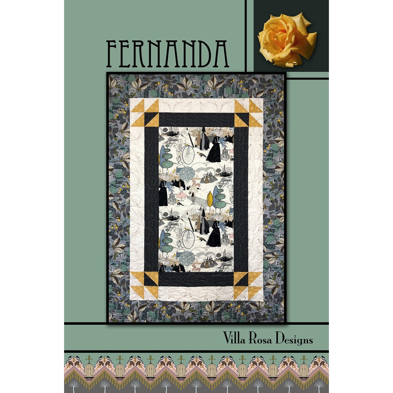 A quilt pattern featuring a rectangular design with floral botanical fabrics in green and cream, accented with yellow and black geometric corner elements.