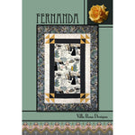 A quilt pattern featuring a rectangular design with floral botanical fabrics in green and cream, accented with yellow and black geometric corner elements.