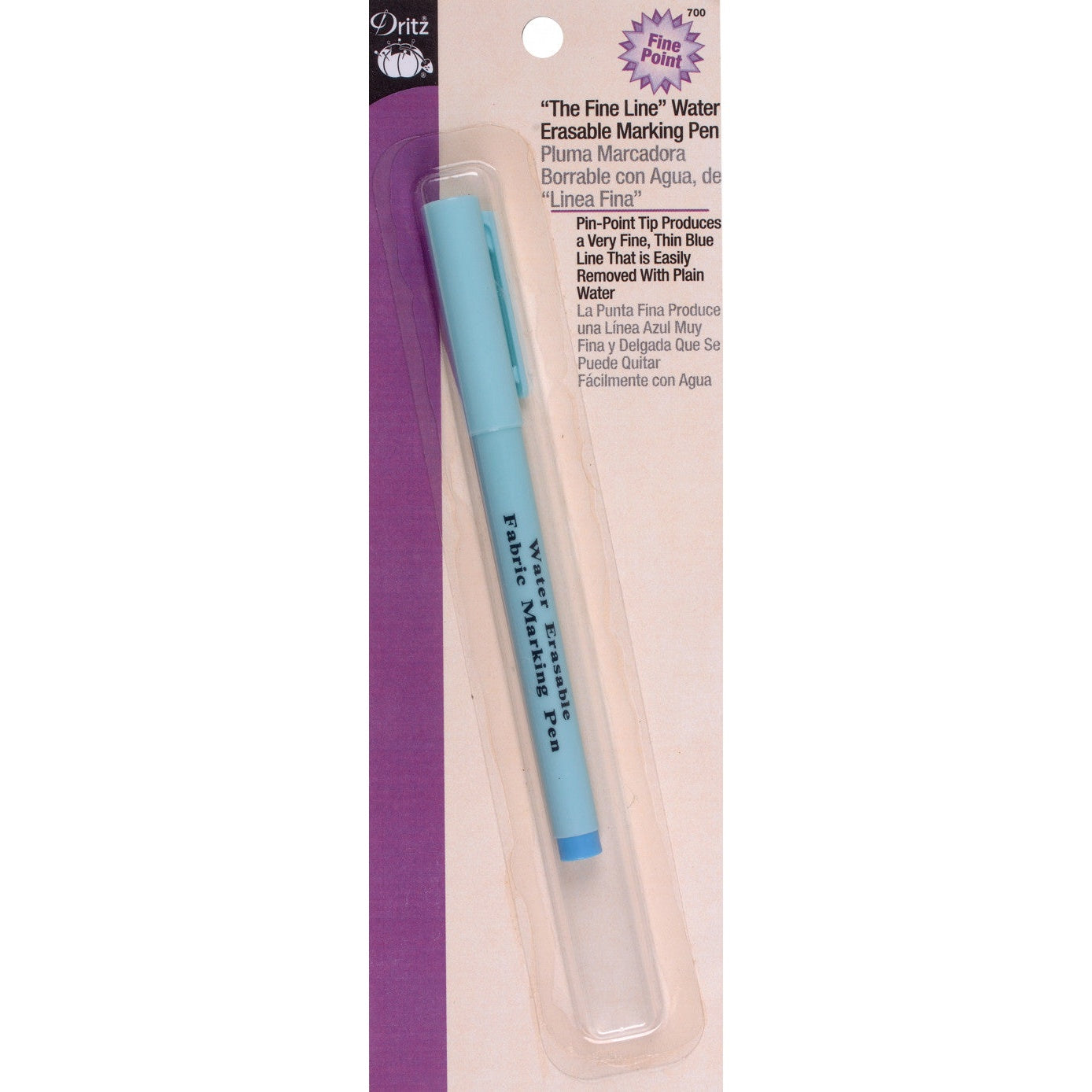 Light blue water-erasable fabric marking pen with fine tip in clear plastic packaging.
