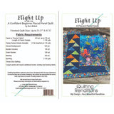 Quilting pattern instruction card for "Flight Up" featuring colorful flying geese blocks arranged on an ocean-themed fabric background with sea creatures.