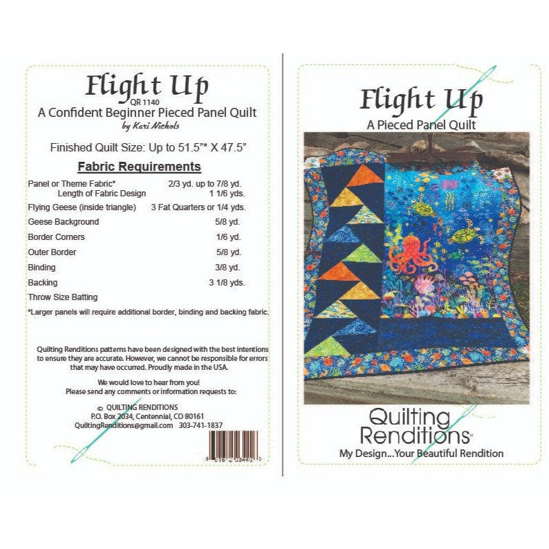 Quilting pattern instruction card for "Flight Up" featuring colorful flying geese blocks arranged on an ocean-themed fabric background with sea creatures.