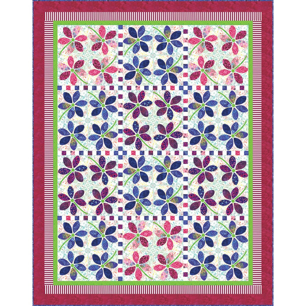 A quilted pattern featuring alternating blue and pink floral motifs arranged in diagonal rows, surrounded by striped borders in red, green, and white.