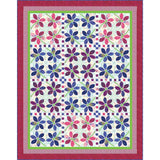 A quilted pattern featuring alternating blue and pink floral motifs arranged in diagonal rows, surrounded by striped borders in red, green, and white.