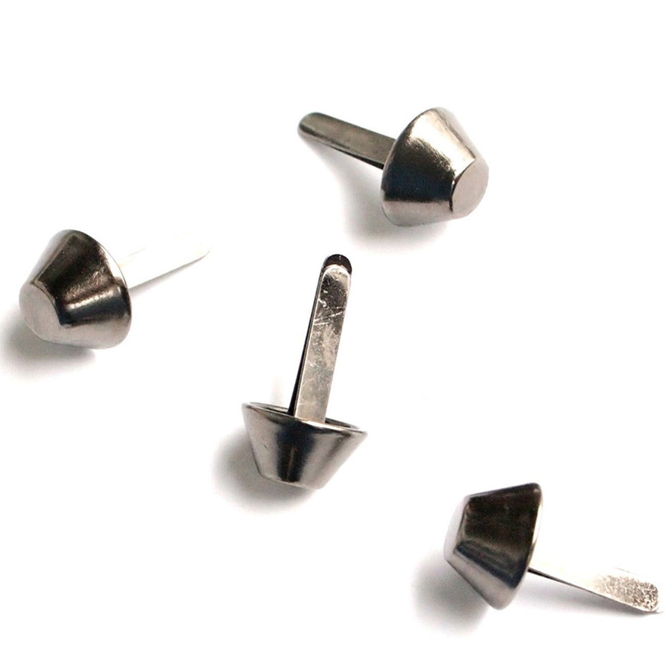 Four gunmetal cone-shaped bag feet with metal posts, displayed against a white background.
