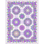 A quilted pattern featuring six octagonal blocks with purple and blue floral designs, surrounded by a coordinating floral border on a light background.