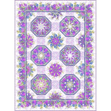 A quilted pattern featuring six octagonal blocks with purple and blue floral designs, surrounded by a coordinating floral border on a light background.
