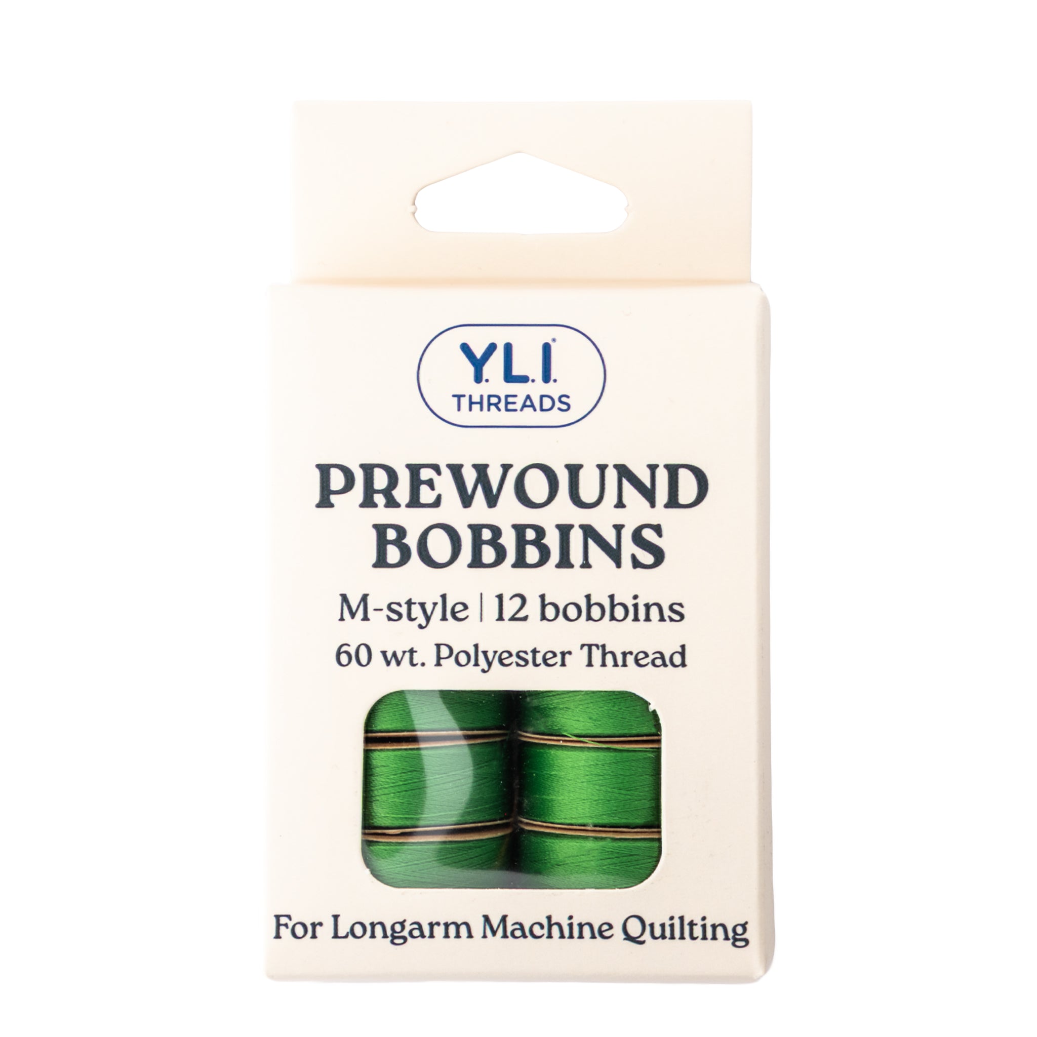Green M-style prewound bobbins for longarm quilting