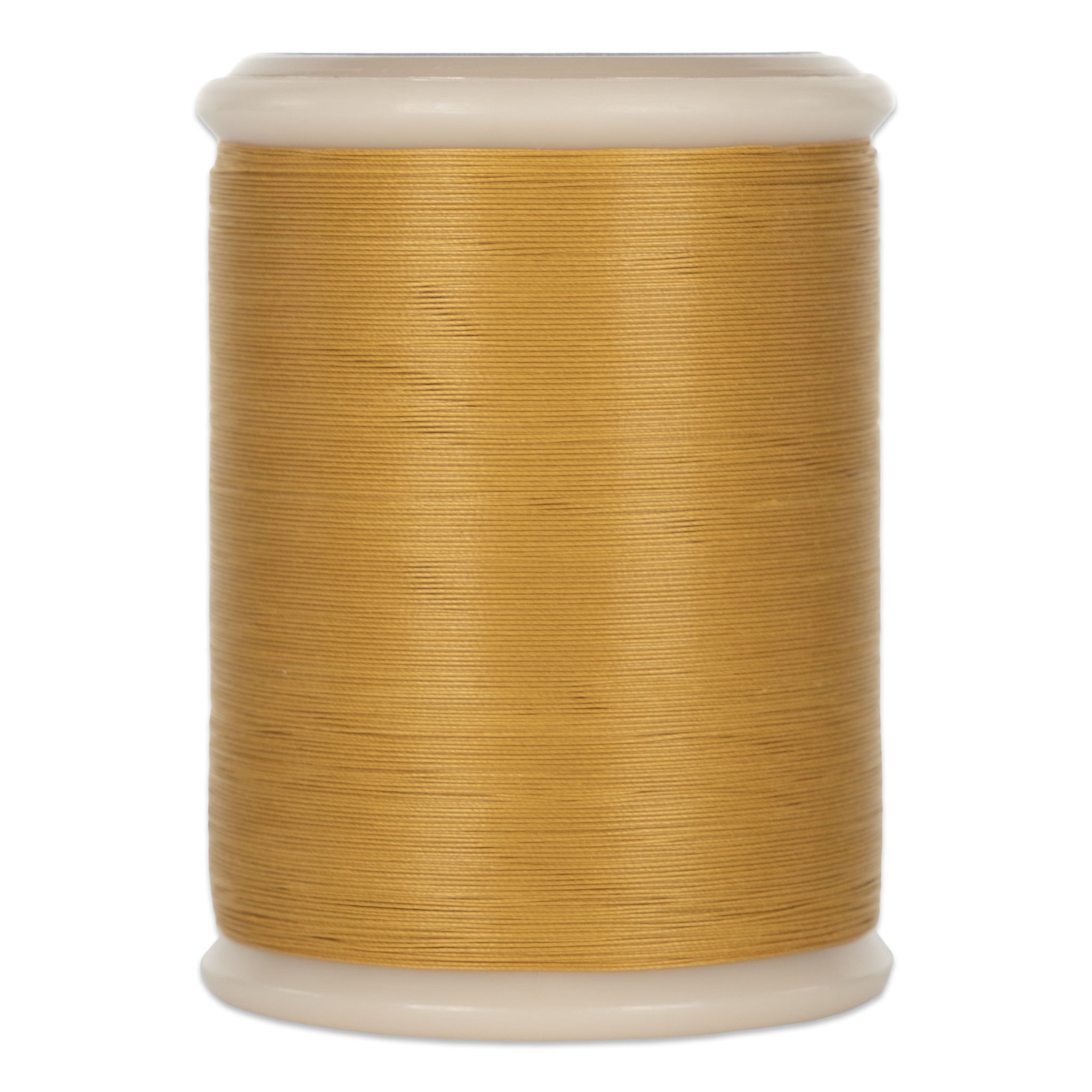 Gold quilting thread wound on white plastic spool with rounded ends