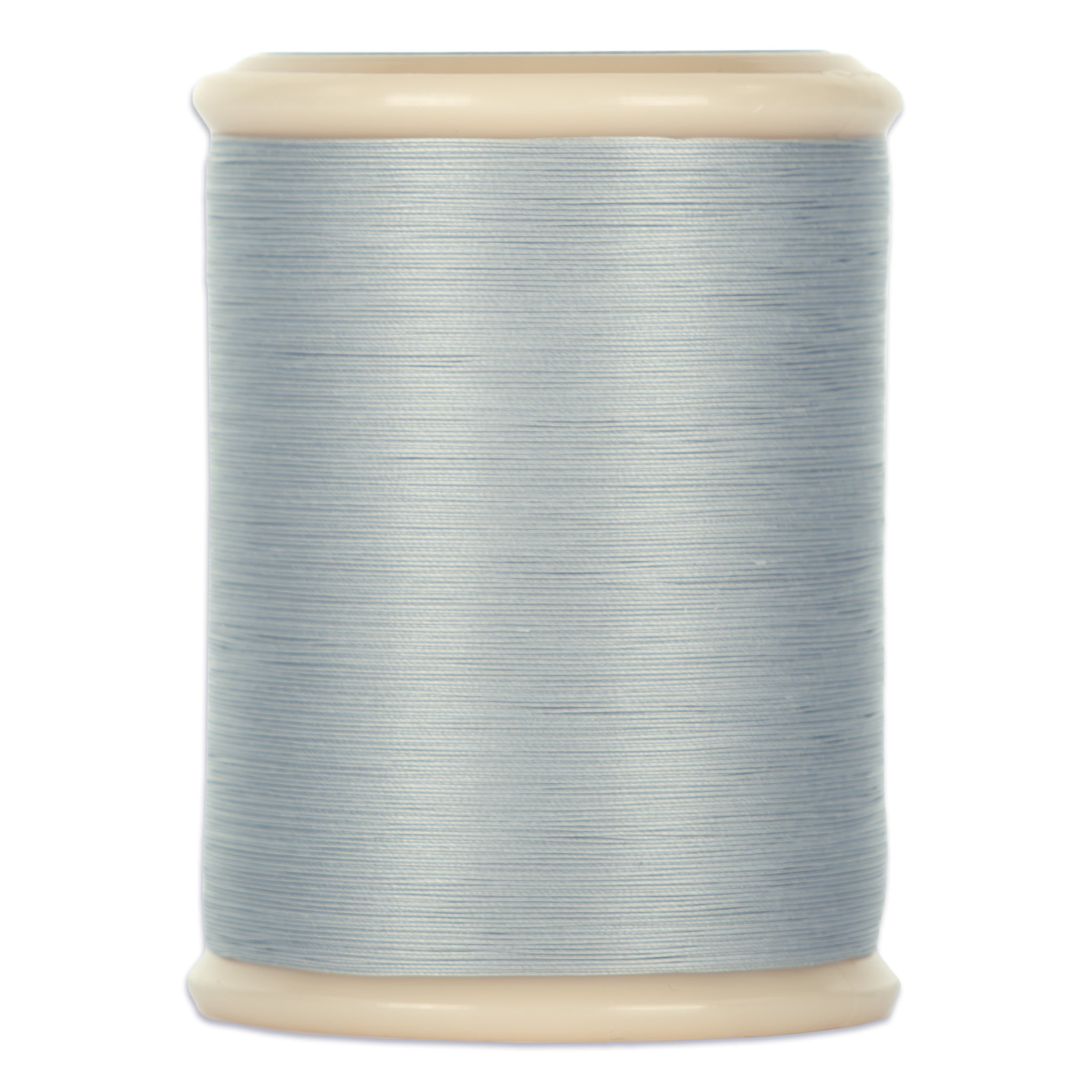 Gray hand quilting thread wound on cream plastic spool with smooth, even finish