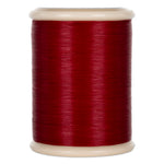 Red quilting thread wound on white plastic spool with visible thread texture and sheen