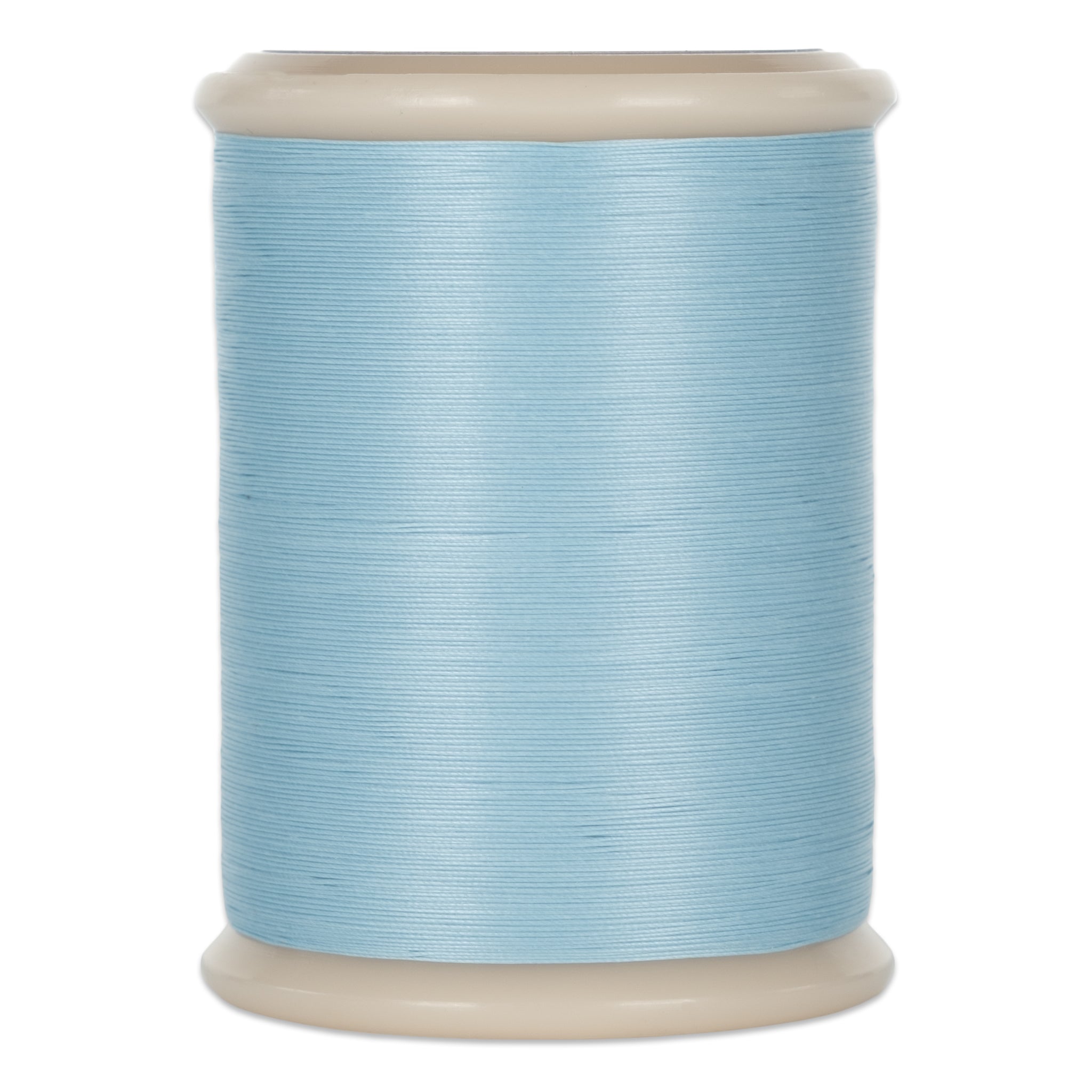 Light blue hand quilting thread wound on white plastic spool with cream colored top and bottom flanges