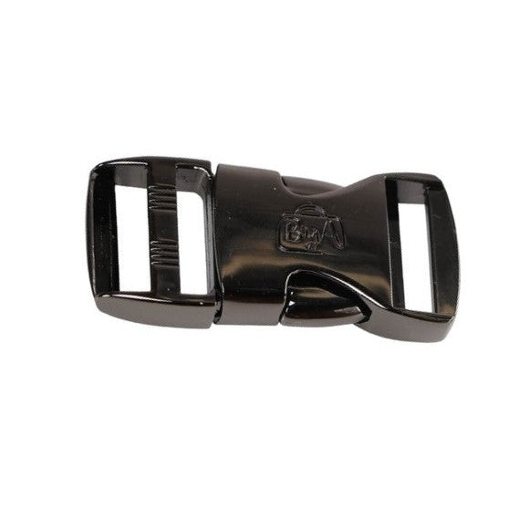 Black metal side release buckle with curved design and rectangular connection points for 1-inch straps.
