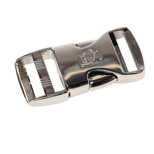 Shiny nickel-plated side release buckle with curved center mechanism and rectangular strap slots on both ends.
