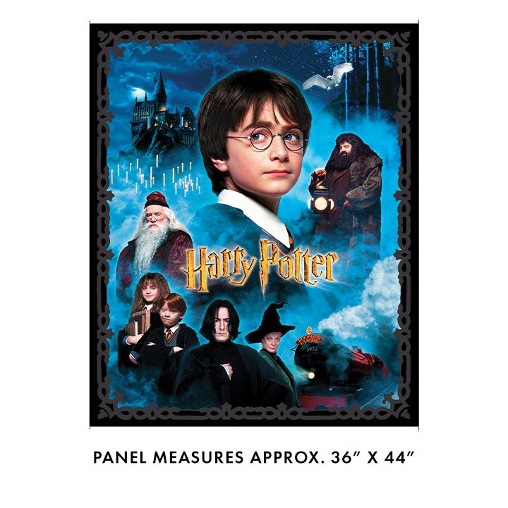Harry Potter fabric panel featuring main characters including Harry, Hermione, Ron, Dumbledore, and Hagrid against a blue magical background with Hogwarts castle.