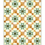 Harvest Stars Batik Quilt Kit featuring repeating star blocks in autumn colors of orange, gold, green, and cream with batik fabric textures.