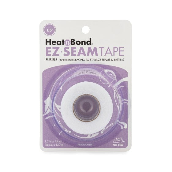 White roll of fusible seam tape in clear plastic packaging with purple and white branding for Heat n Bond EZ-Steam product.