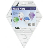 A hexagonal quilting ruler with measurement markings and colorful geometric pattern examples showing triangles, hexagons, and jewel shapes in various sizes.