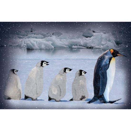 Digital fabric panel featuring emperor penguins on snowy ice with starry blue sky background in arctic winter scene.